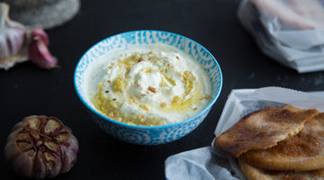 Roasted garlic and macadamia pesto with Greek yoghurt swirl