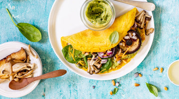 Vegan Omelette with Guacamole and Wild Mushrooms